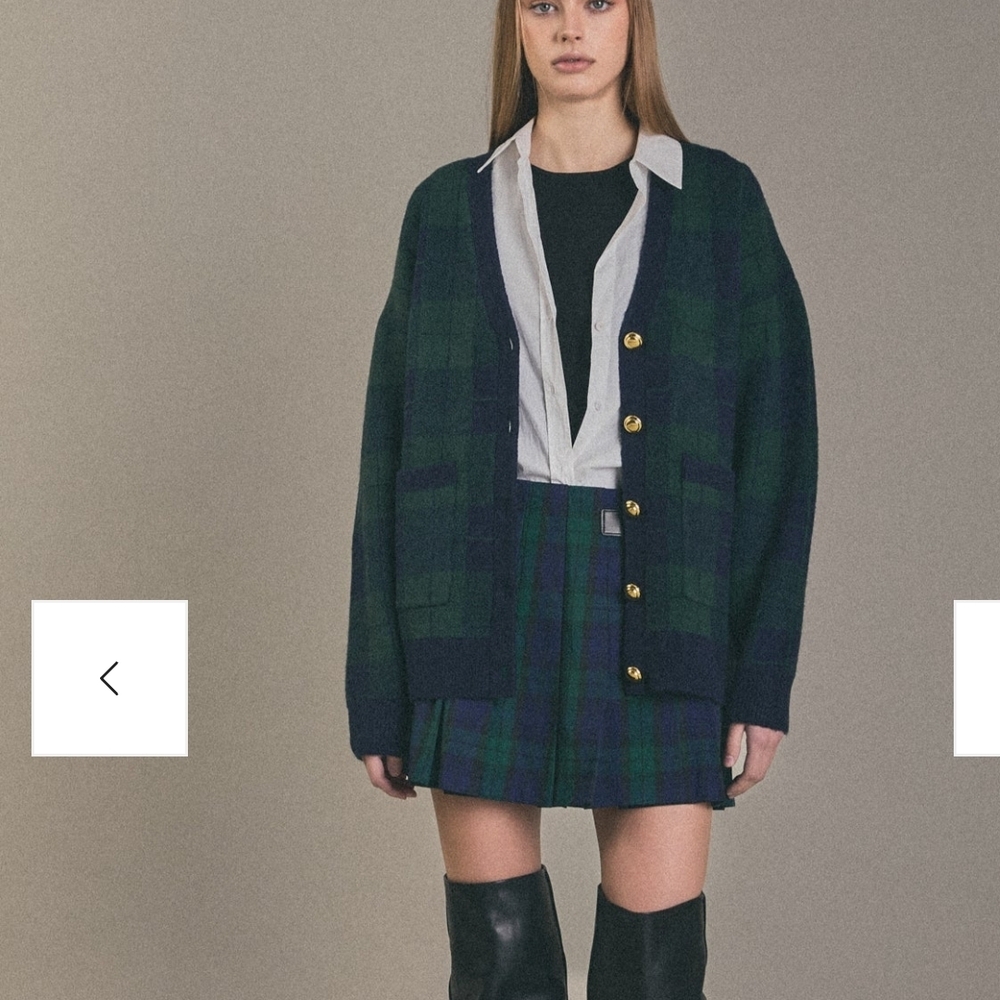 English Factory Cozy Check Knit Navy And GreenPlaid Cardigan with Gold Buttons